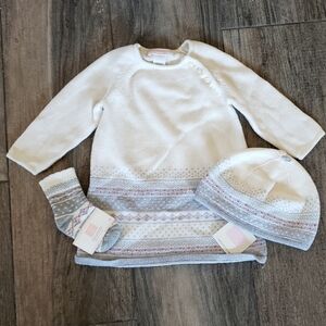 Janie & Jack NWT/EUC 12-18 mos ivory/gray/red fair isle sweater dress, hat, sock